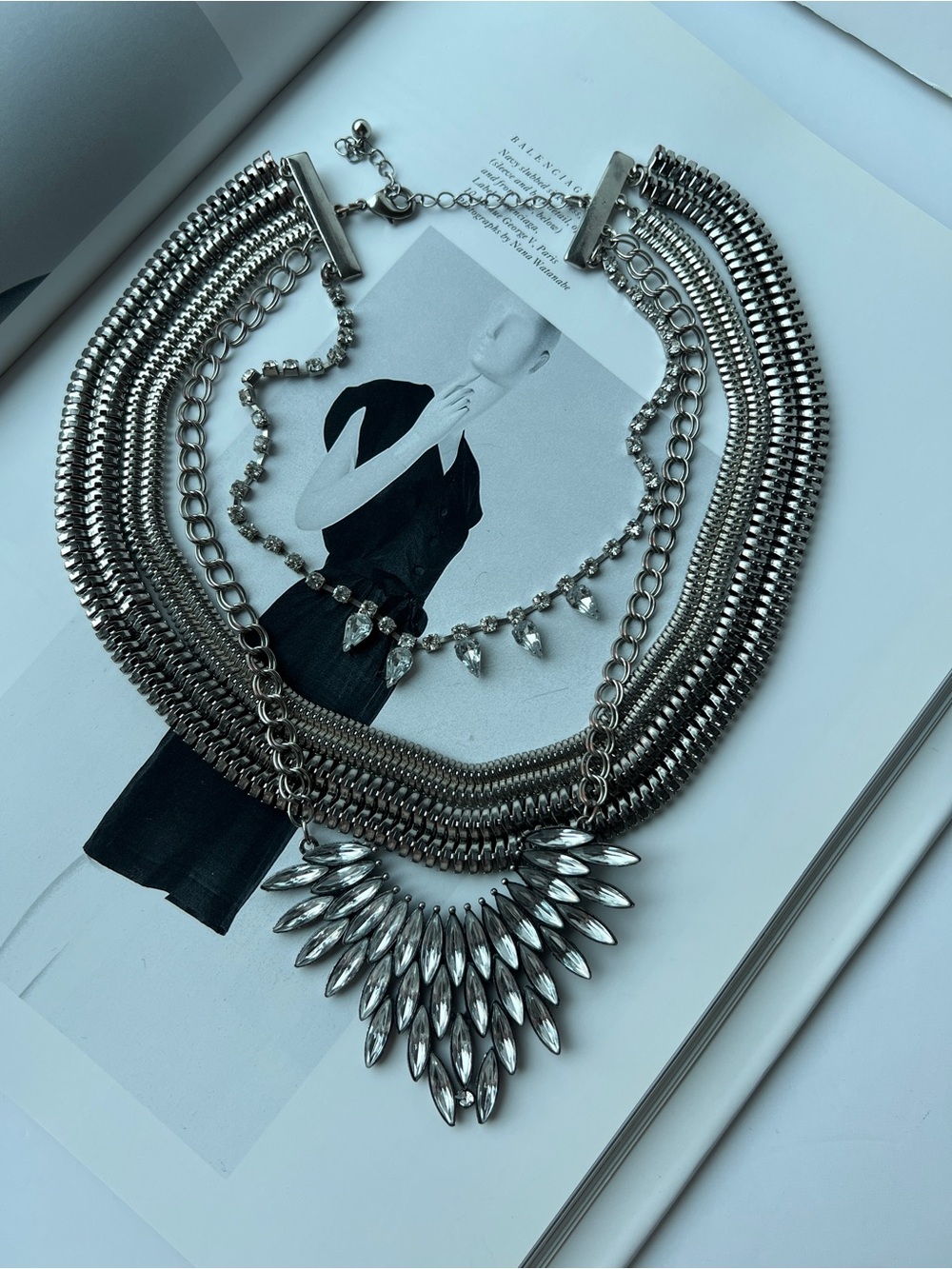 Statement Silver Multi-Row Necklace with Crystal Accents